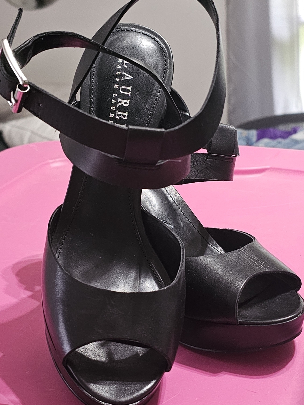 Lauren Ralph Lauren Black Leather Peep-Toe Platform Sandals